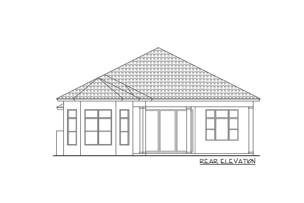 Rear elevation drawing of a single-story house plan with a hip roof, multiple windows, and sliding glass doors.