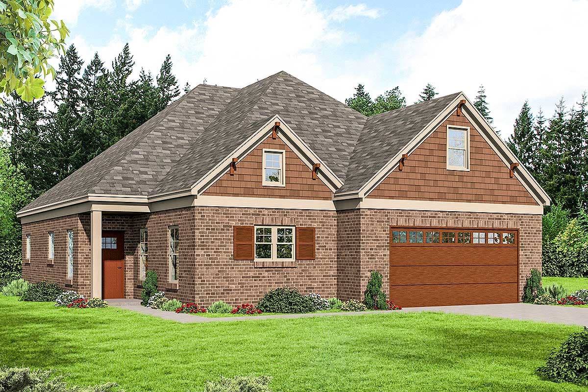 House plan exterior featuring a brick facade, gabled roof, and cedar shake siding. Includes a covered porch and attached garage with a wood-tone door.