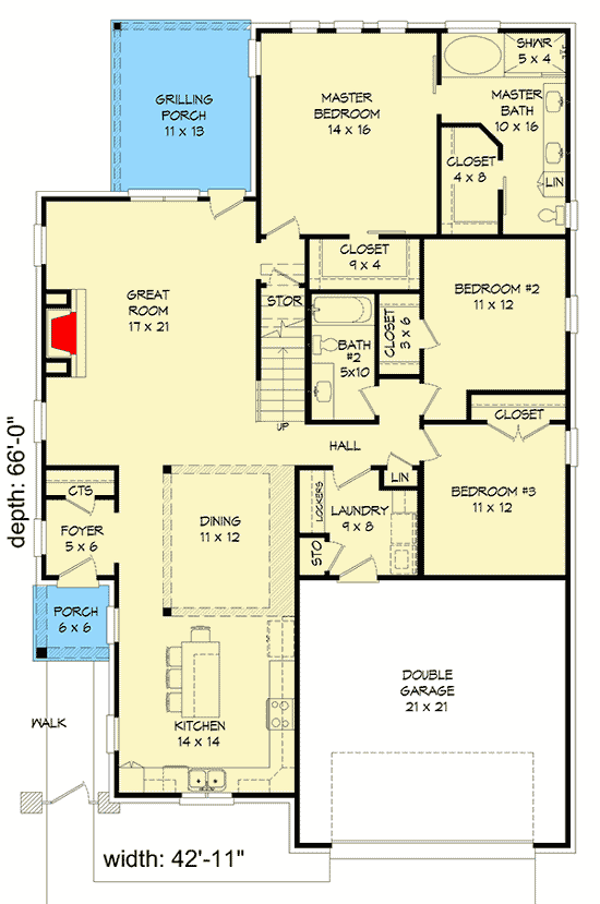 Plan 68504VR: 4-Bed Brick House Plan With Large Upstairs Rec Room - Floor Plan - Main Level - Country, Craftsman, Mountain, Traditional