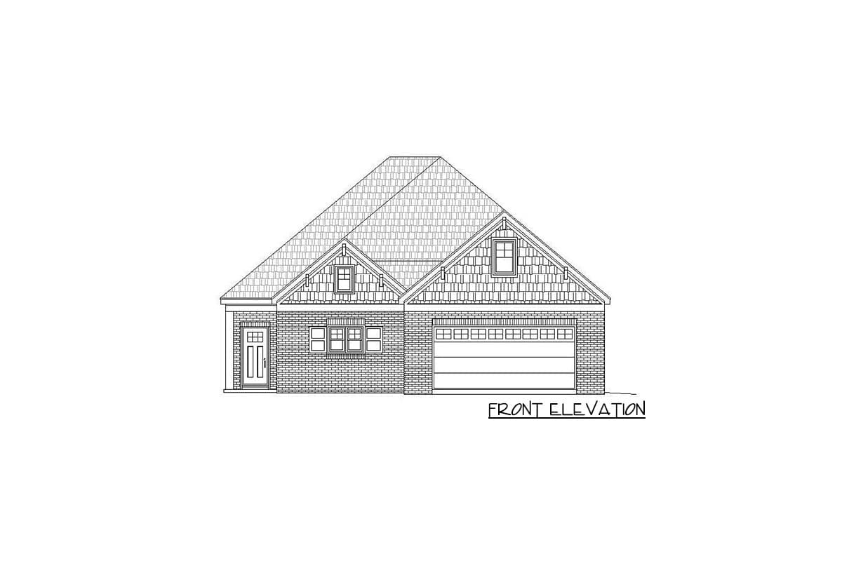 Front elevation drawing of a one-story house with brick and shake siding, a prominent gable, and an attached garage.