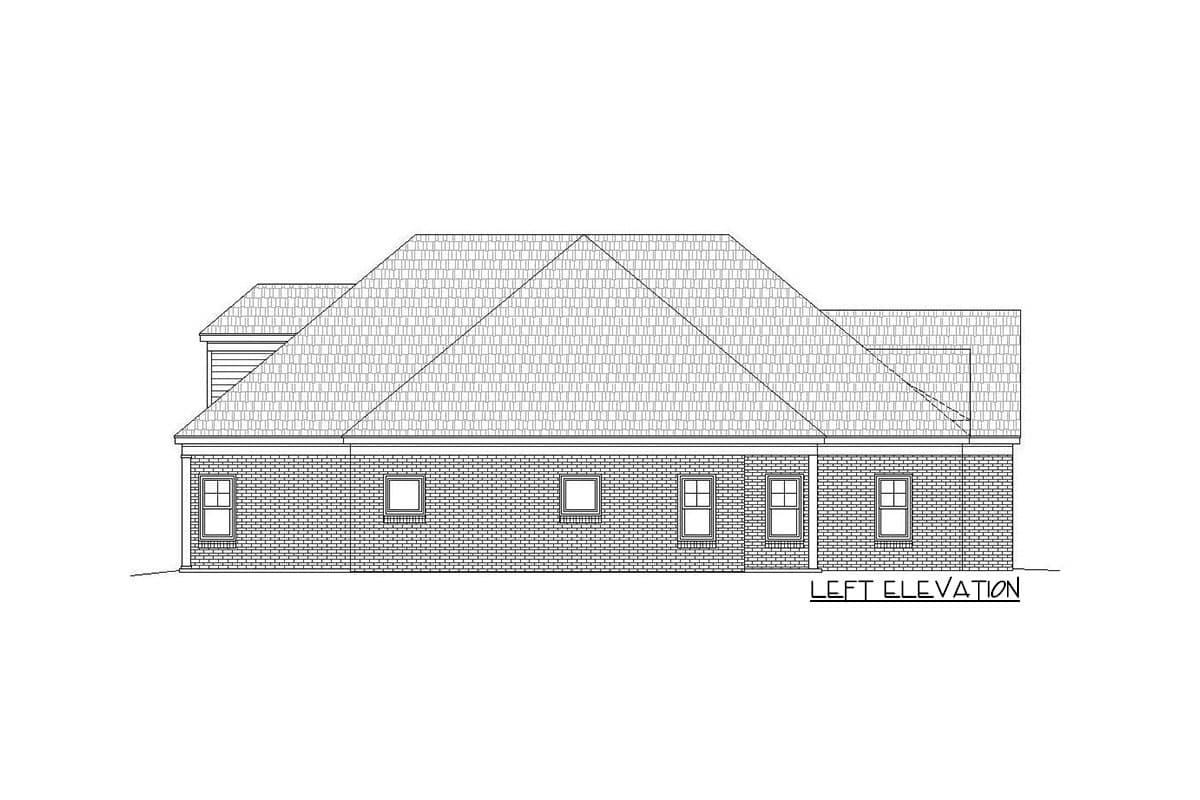Left elevation house plan drawing with brick facade, varied rooflines, and multiple windows.