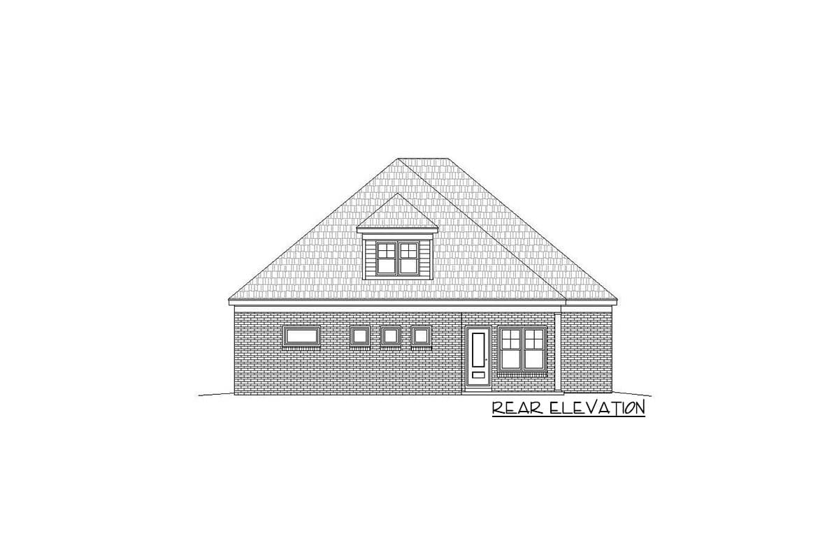 Rear elevation house plan drawing with a dormer, multiple windows, and brick exterior detail.