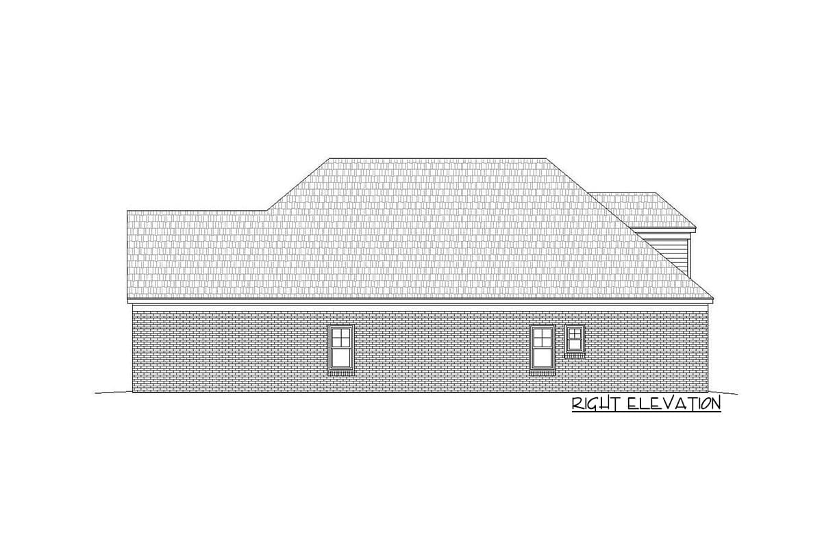 Right elevation house plan drawing with brick exterior, multi-level rooflines and windows.
