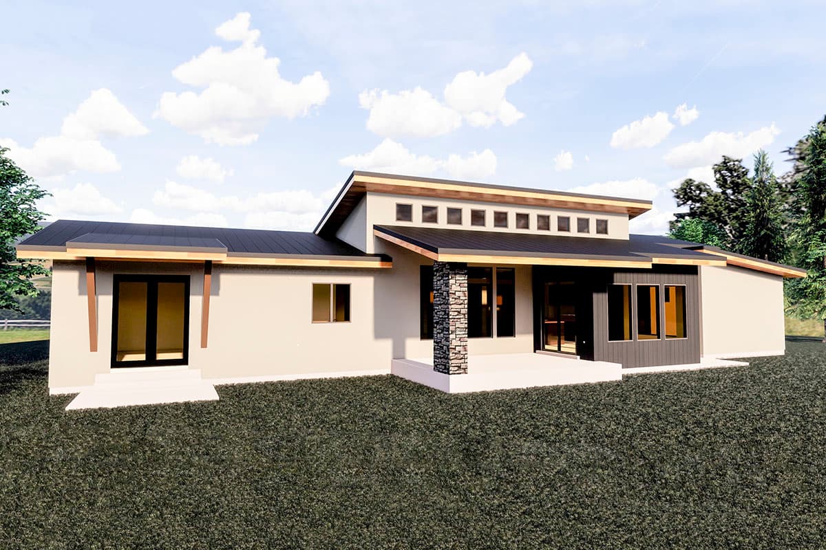 House plan exterior: Modern single-story home with a flat roof, stone-clad pillars, and a clerestory window band.