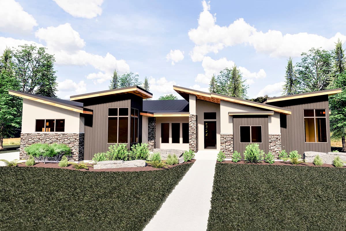 Modern house plan exterior with low-slope shed roofs, stone accents, and large windows. Includes a walkway leading to the front entry.