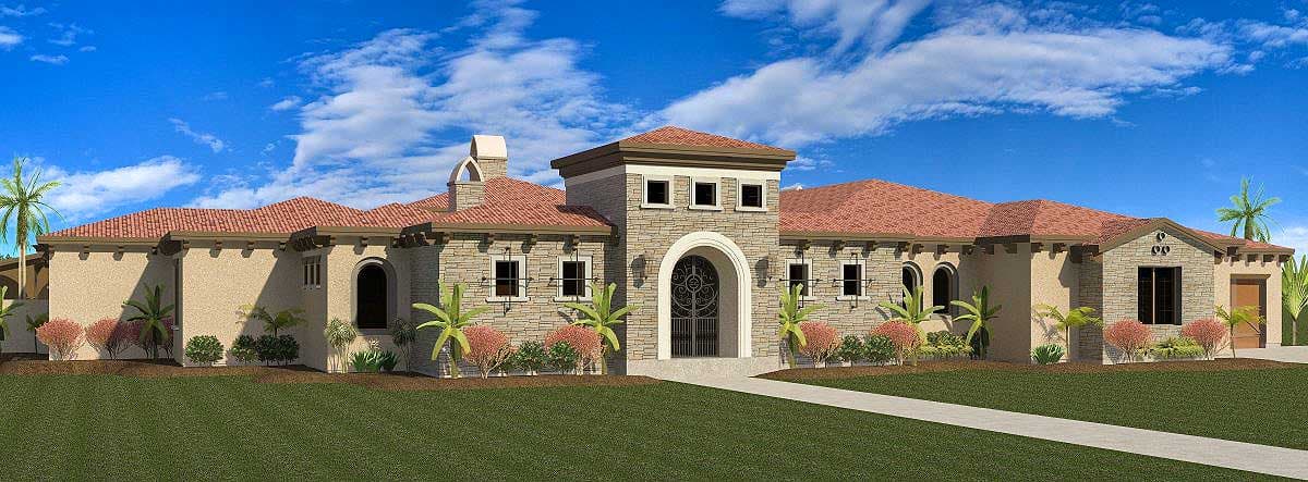 House plan exterior. Mediterranean style, one-story home with terracotta tile roof, arched entry, and stone facade accents.