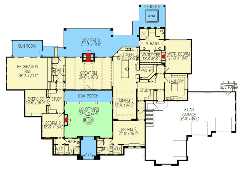 Plan 290069IY: Mediterranean Splendor - Floor Plan - Main Level - Florida-Style, Mediterranean, Southern