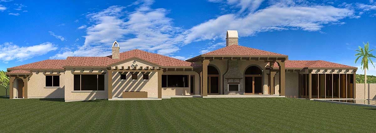 House plan exterior: single-story Mediterranean style with arched entryway, stone accents, clay tile roof, and pergolas.