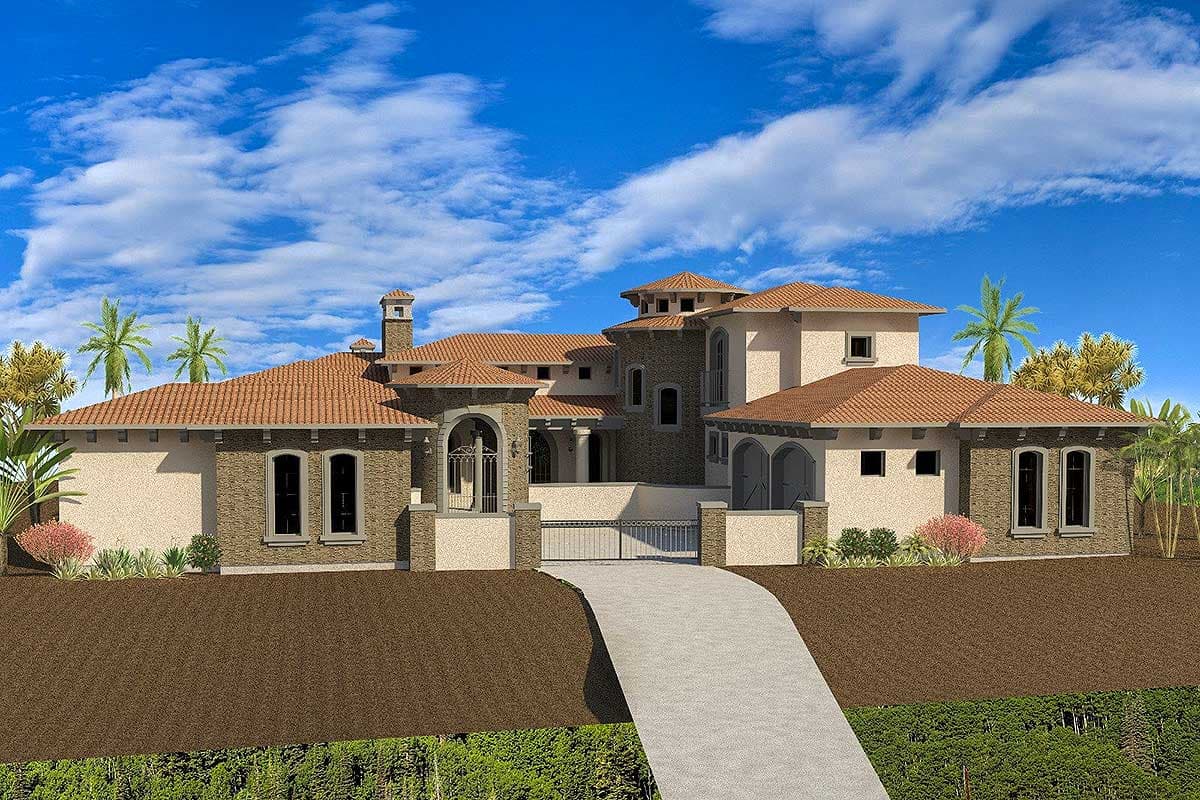 House plan exterior. Two-story Mediterranean-style home with tile roof, arched entry, and multiple rooflines, with a gated driveway entrance.