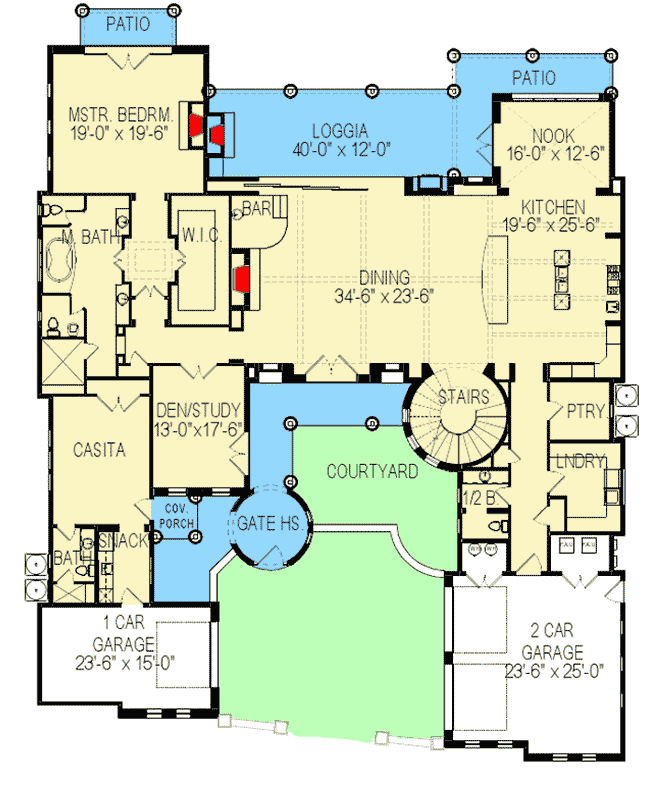 Plan 290070IY: Spacious Mediterranean House Plan with Attached Casita - Floor Plan - Main Level - Florida-Style, Mediterranean