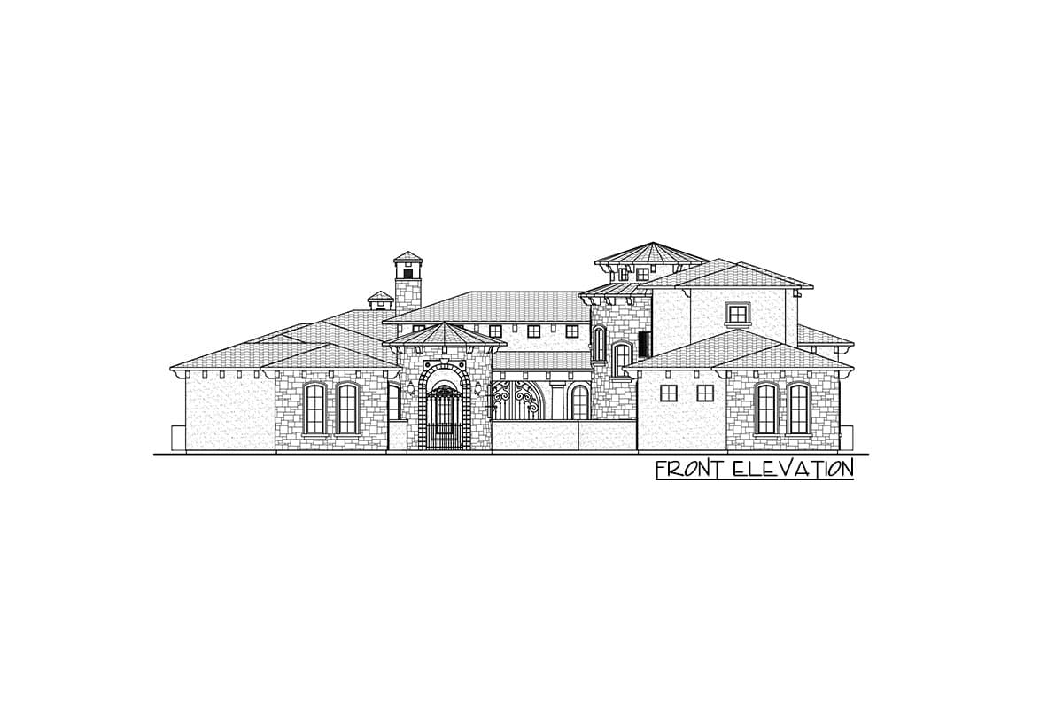 Front elevation drawing of a large house with multiple gables, arched entryway with gate, and stone facade.