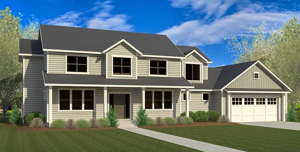 House plan exterior. Two-story home with Craftsman style elements. Features include a front porch, multiple gables, and an attached garage.
