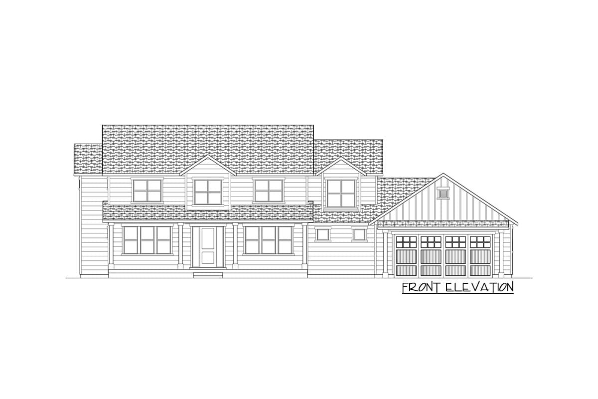 Front elevation drawing of a two-story house plan with gabled dormers, covered porch, and attached two-car garage.