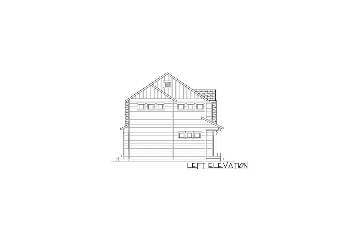 Left elevation drawing of a two-story house plan with horizontal siding, gable roof, and covered porch.