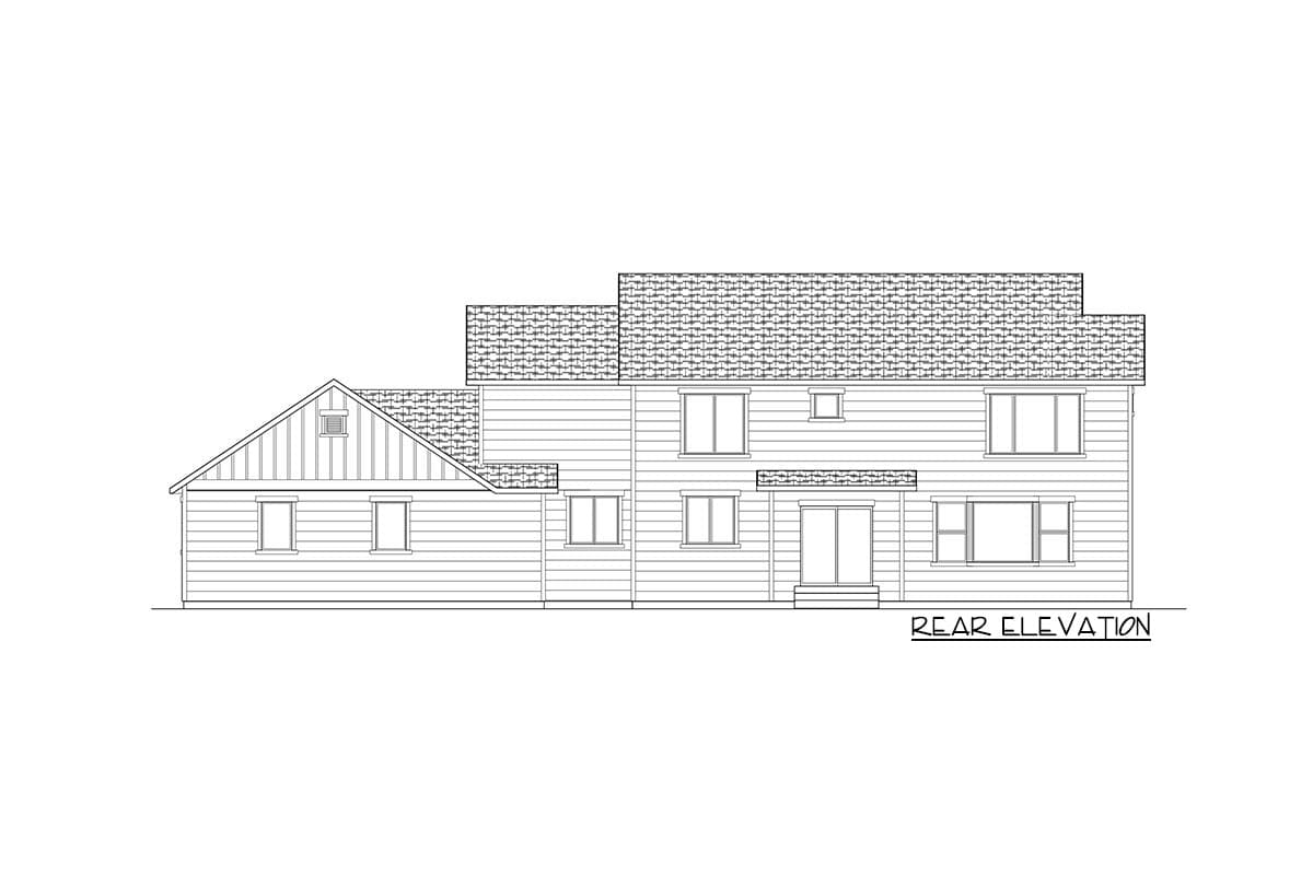 Rear elevation drawing of a two-story house with siding, multiple rooflines, and several windows.