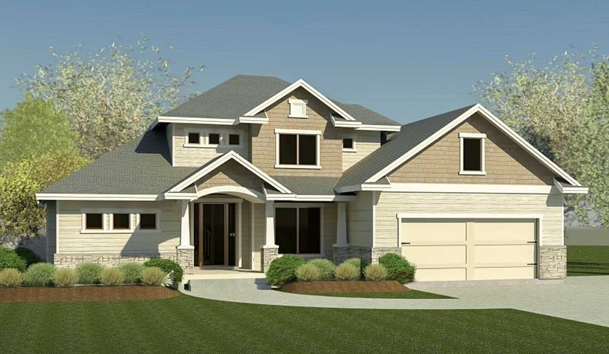 House plan exterior. Two-story Craftsman style home with gabled rooflines, stone accents, and an attached two-car garage.