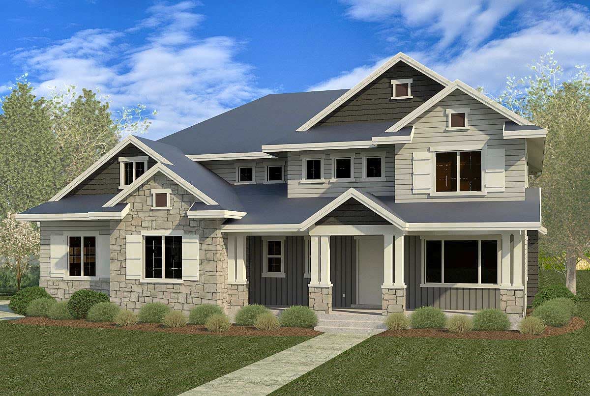 House plan exterior with stone veneer and gabled roof. Features include a covered porch with columns, dormers, and a two-story design.