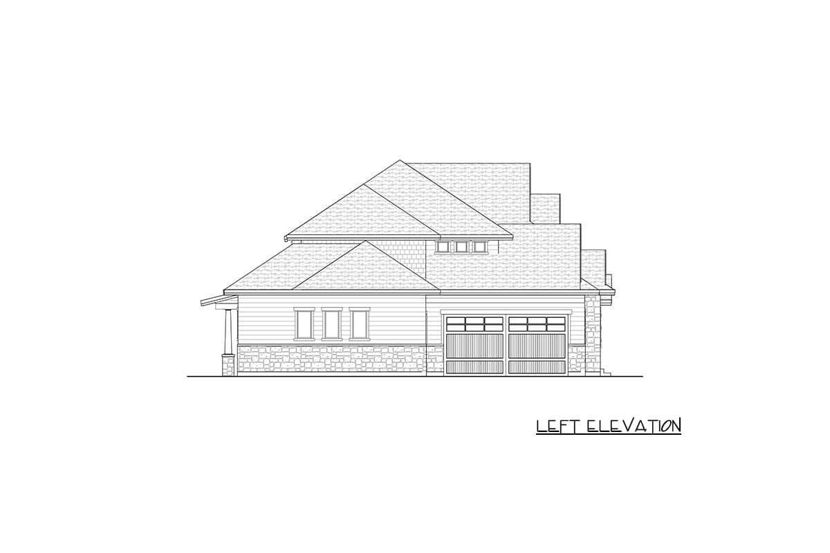 Left elevation drawing of a house plan with stone base, multi-level roof, and attached garage.