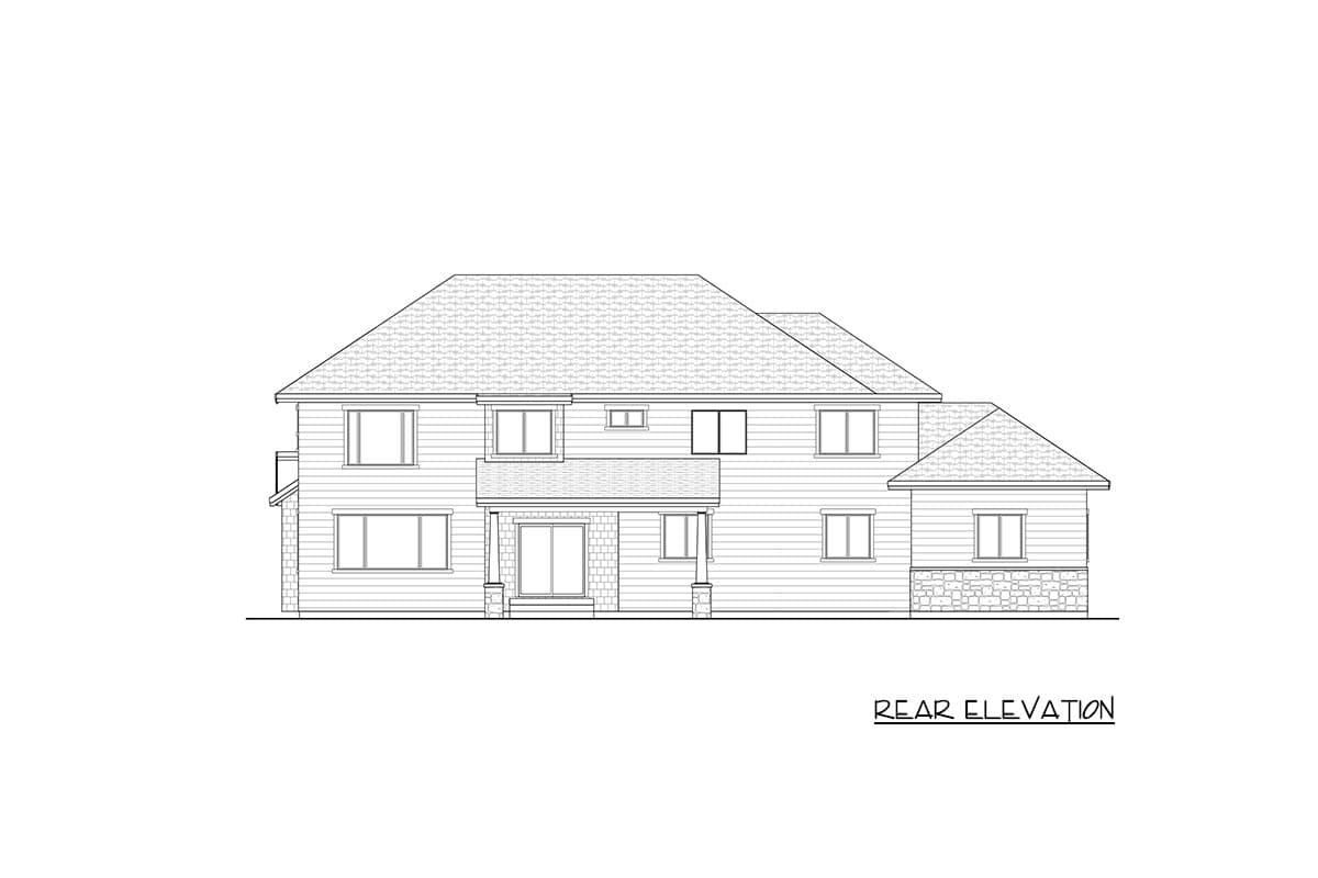 Rear elevation drawing of a two-story house with multiple gables, windows, and a covered patio area.