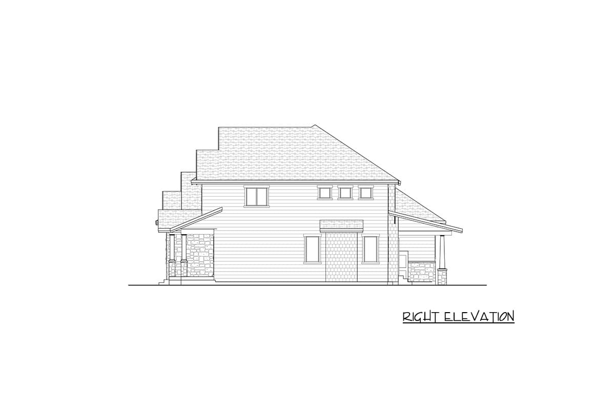 Right elevation drawing of a two-story house plan with stone accents, covered porch, and varied rooflines.