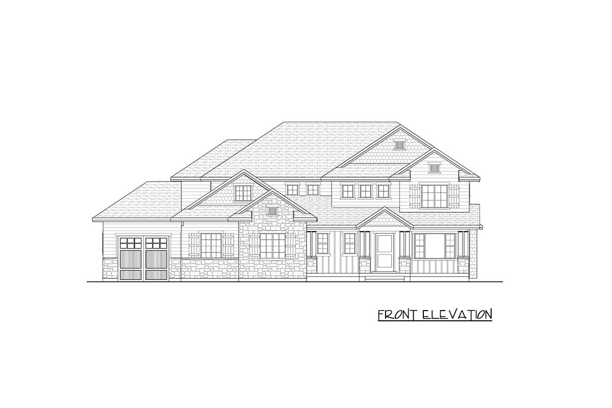 Front elevation drawing of a two-story house plan with a stone facade, covered porch, and multiple gables.