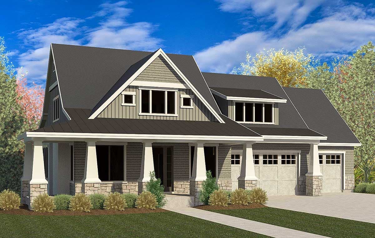 House plan exterior. Craftsman style with two stories, gabled roof, covered porch, dormers, and attached garage with stone accents.