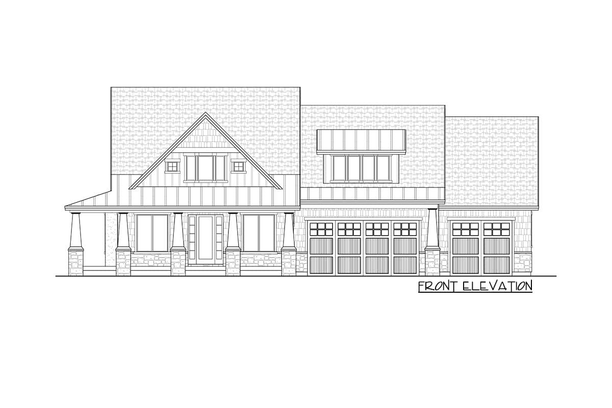 Front elevation house plan showing a Modern Farmhouse style, two-story home with a covered porch, gables, and a three-car garage.
