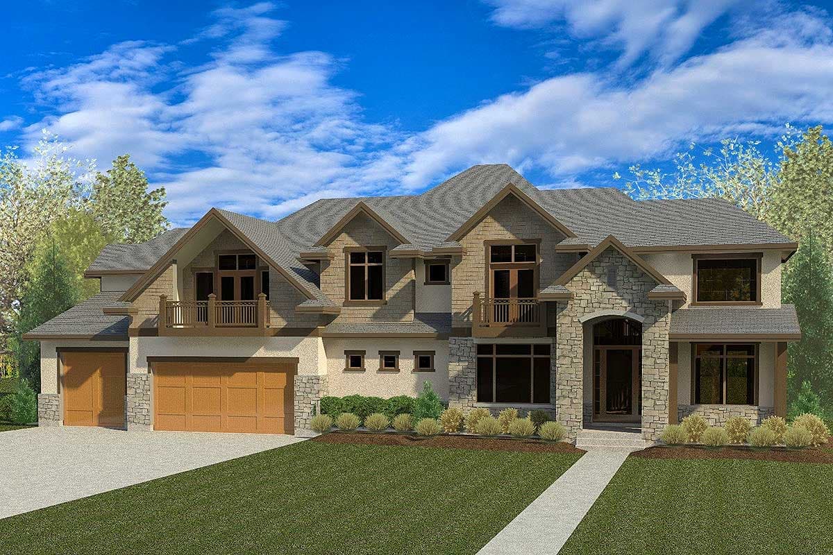 House plan exterior. Two-story home with Craftsman influence. Features include gabled roof, stone accents on facade, and balcony with railings.