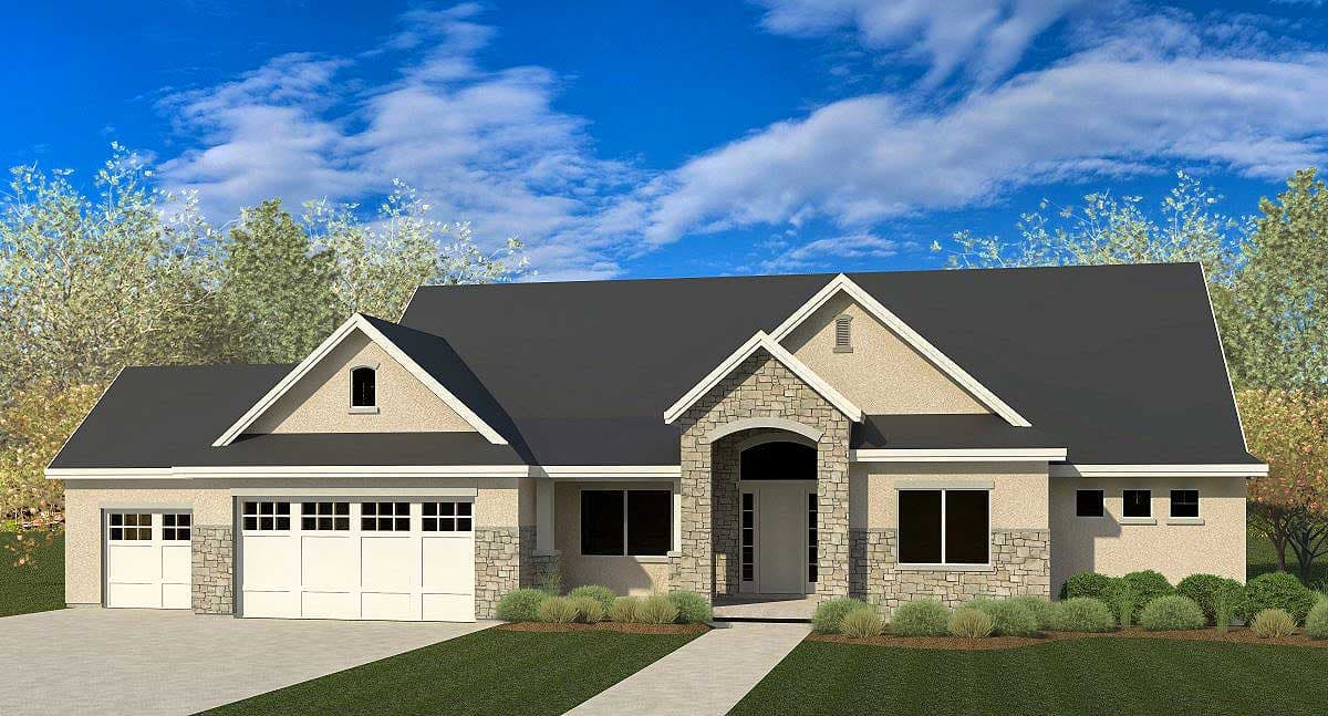 House plan exterior. One-story house with gabled roof, stone archway, and attached garage. Includes a small dormer and a walkway to front door.