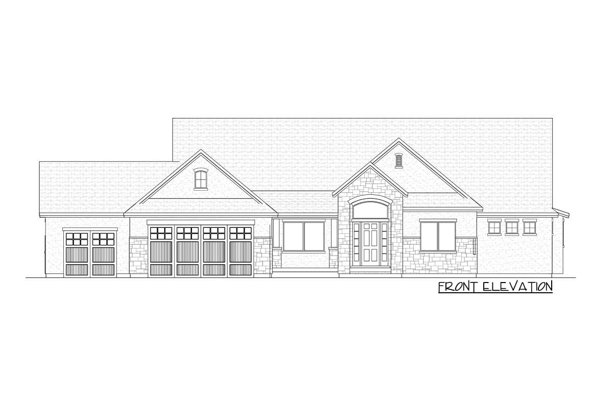 Front elevation drawing of a one-story house with a prominent gabled entryway, stone accents, and a three-car garage.