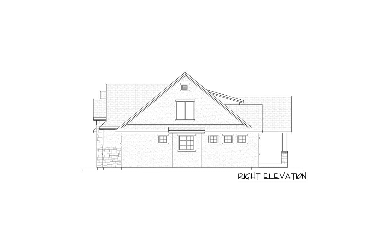 Right elevation of a house plan showing a gable roof, dormer, stone base, and covered porch with column.