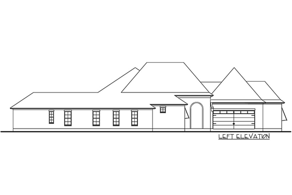 House plan left elevation showing a one-story structure with multiple gables, arched entryway, and a two-car garage.