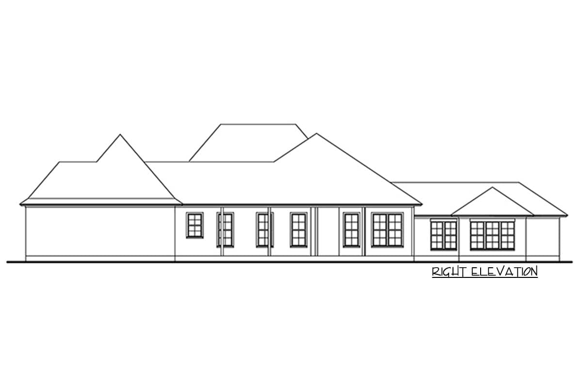 Right elevation of a single-story house plan with varied rooflines, multiple windows, and a gabled section.