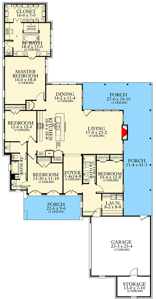 Plan 62140V: Elegant Southern House Plan with L-Shaped Rear Porch - Floor Plan - Main Level - Acadian, French Country, Louisiana-Style, Southern
