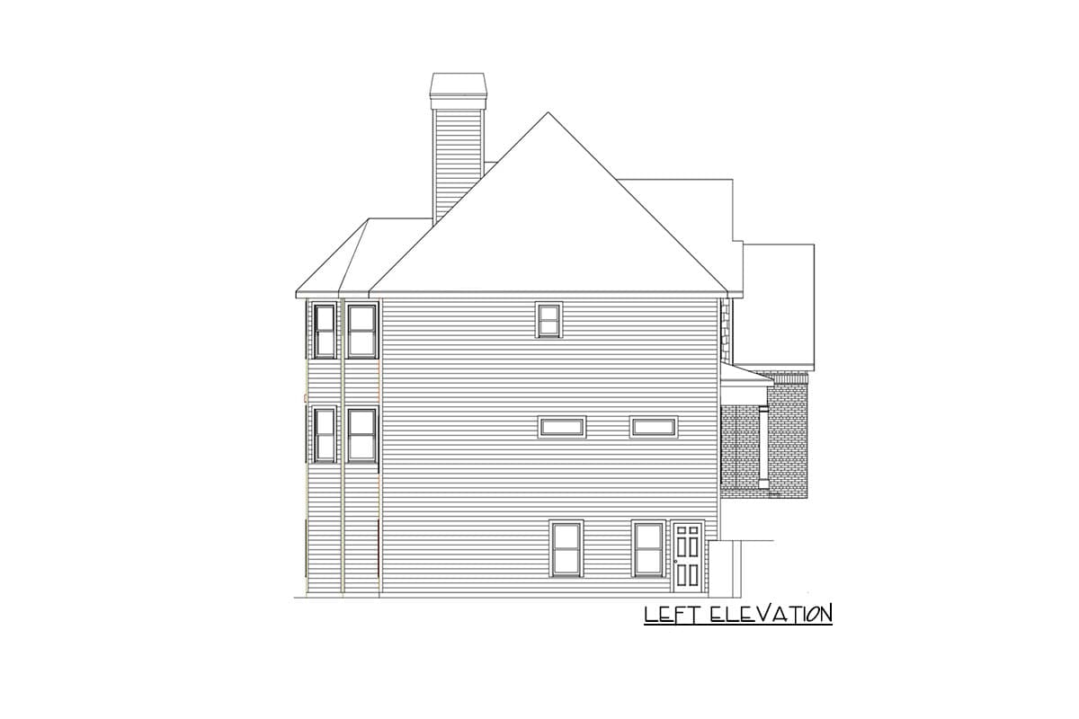 Left elevation house plan: multi-story with prominent chimney, gabled roof, siding, and brick base.