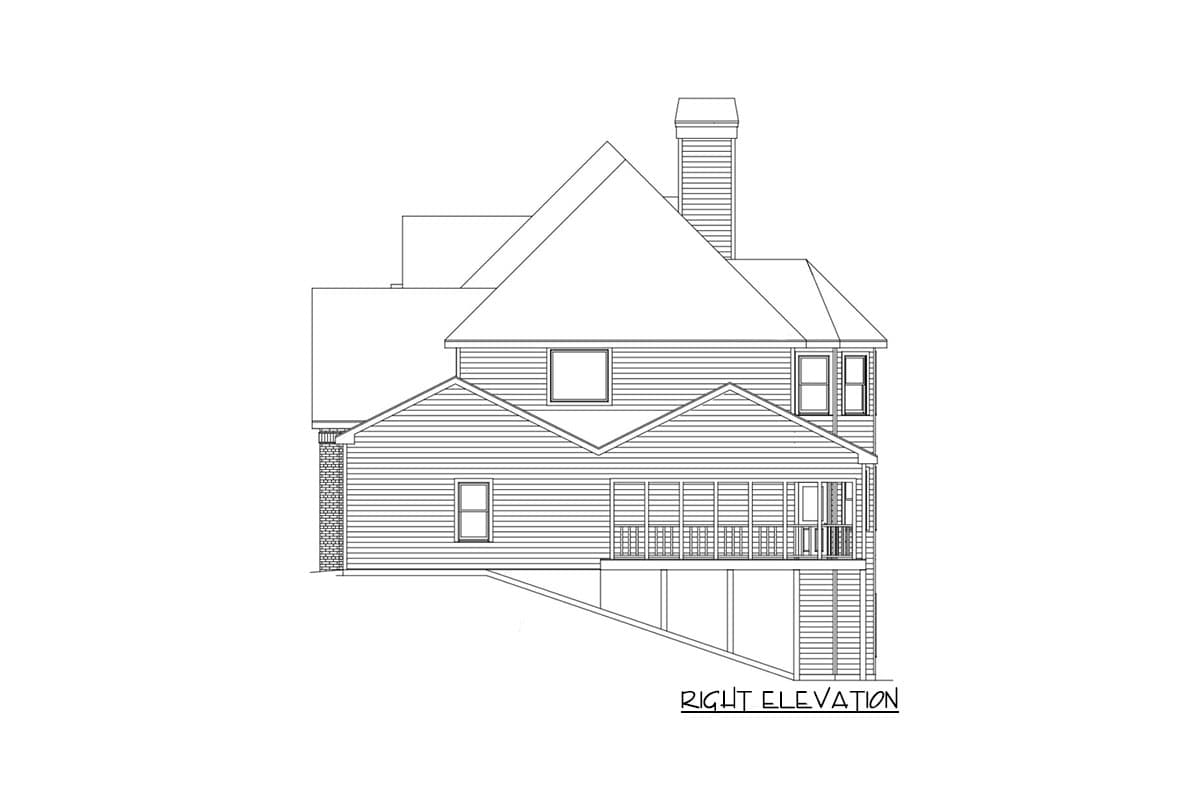 Right elevation drawing of a two-story house plan, showing siding, a gable roof, chimney, and screened porch.
