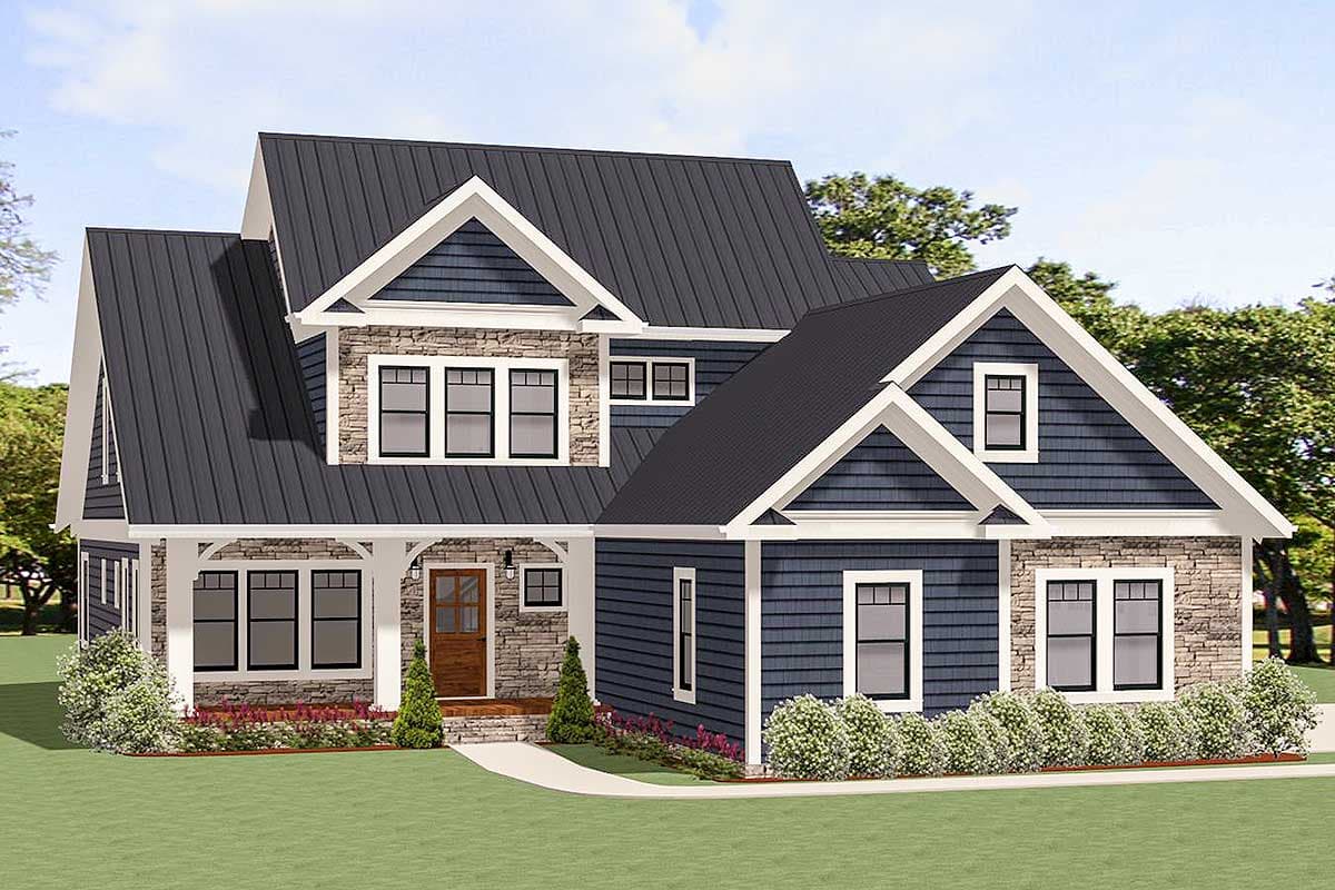 House plan exterior. Two-story Modern Farmhouse with gables, a covered porch, and a combination of stone and shingle siding.