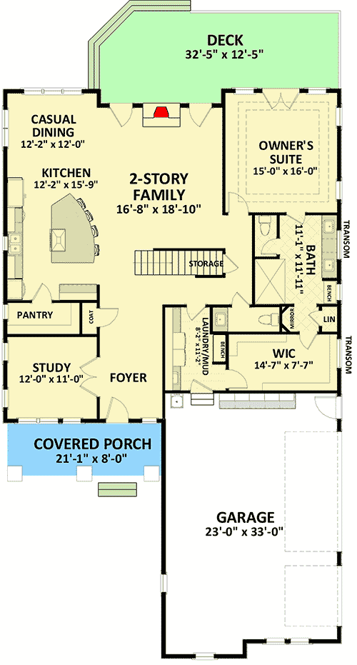 Plan 46319LA: Traditional House Plan with Two-Story Family Room - Floor Plan - Main Level - New American, Traditional