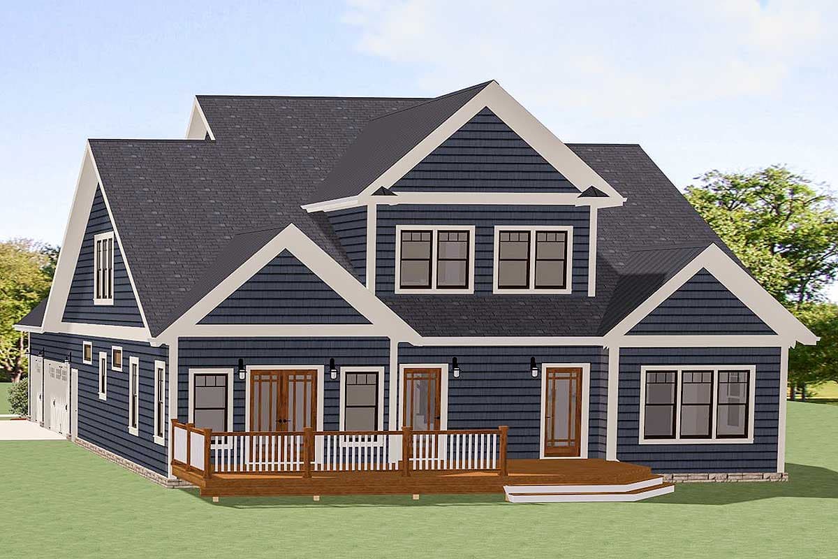 House plan exterior: two-story Modern Farmhouse with multiple gables, siding, a deck, and a three-car garage.