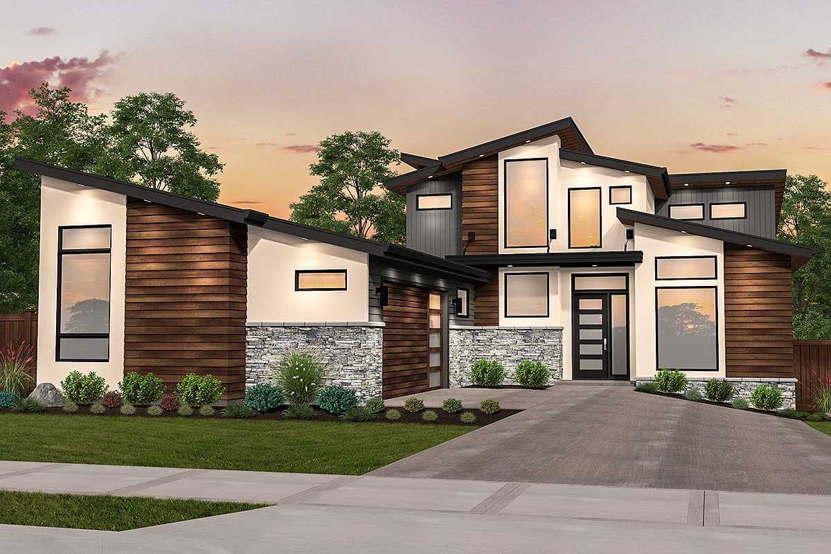 House plan exterior. Modern style with asymmetrical rooflines, wood siding accents, and large windows. Includes stone veneer on entryway.