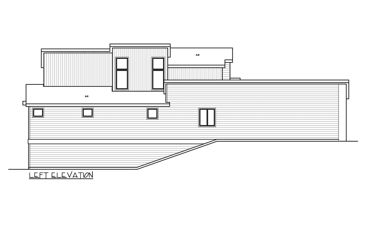 Left elevation house plan drawing showing a multi-level structure with horizontal siding and varied window placements.