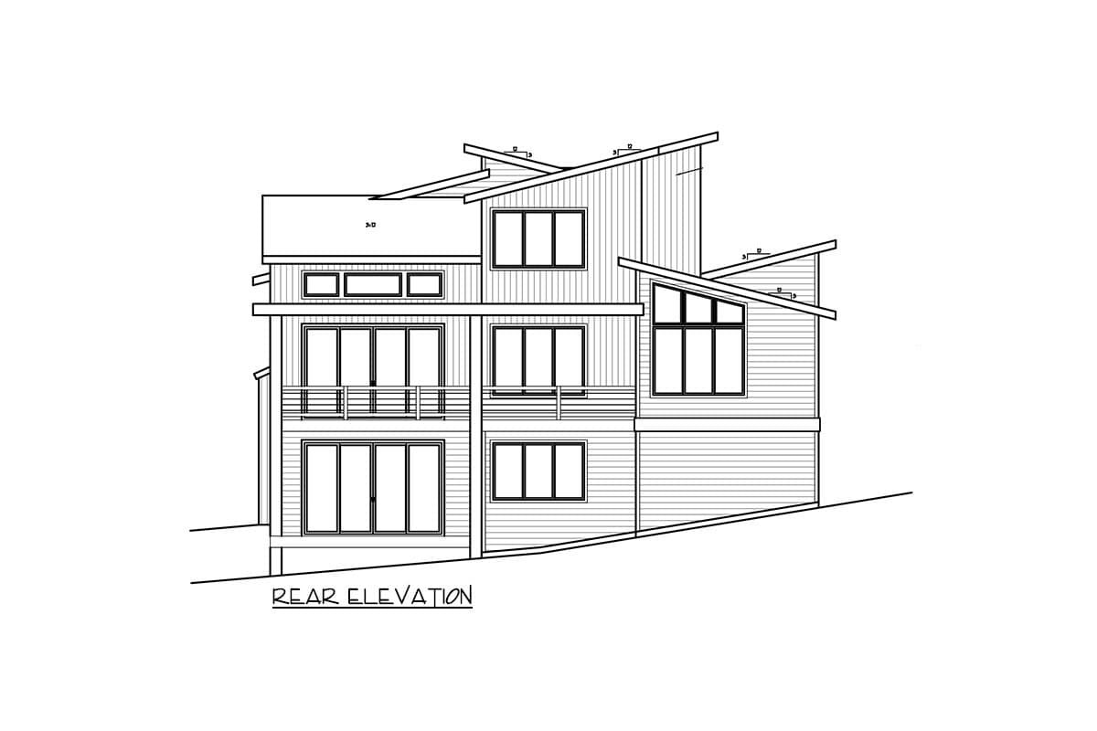 Rear elevation drawing of a multi-story house with a modern style, featuring stacked windows, balconies, and asymmetrical rooflines.