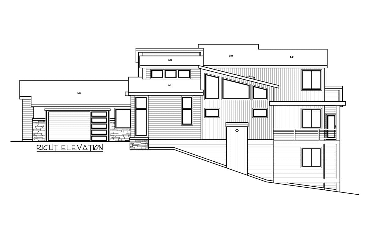 Right elevation floor plan drawing shows a multi-story house with a garage, varied rooflines, and numerous windows.