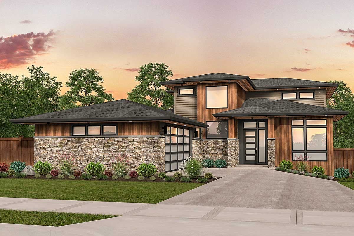 House plan exterior. Modern style, two-story home with flat rooflines, stone and wood siding, and an attached garage.