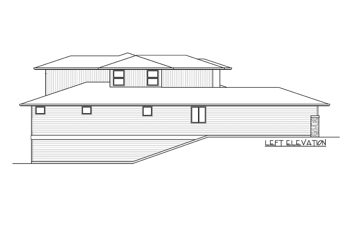 Left elevation drawing of a two-story house with siding, multiple gables, and segmented foundation.