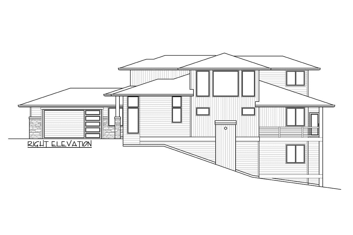 Right elevation house plan with a multi-level roof, attached garage with stone accents, and numerous windows.