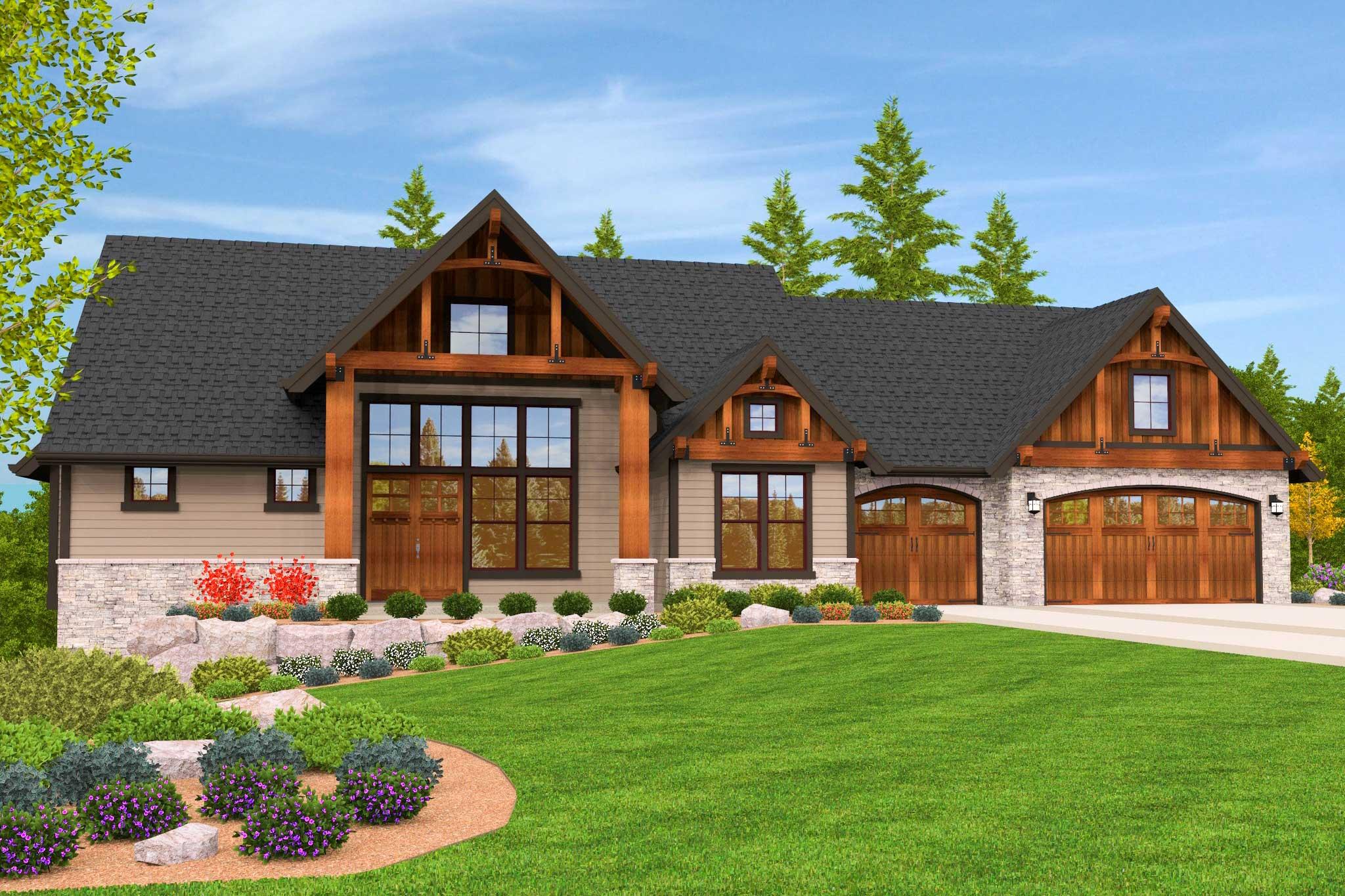 House plan exterior. Craftsman style with two stories, gabled rooflines, exposed timber elements, and stone facade accents. Attached garage.