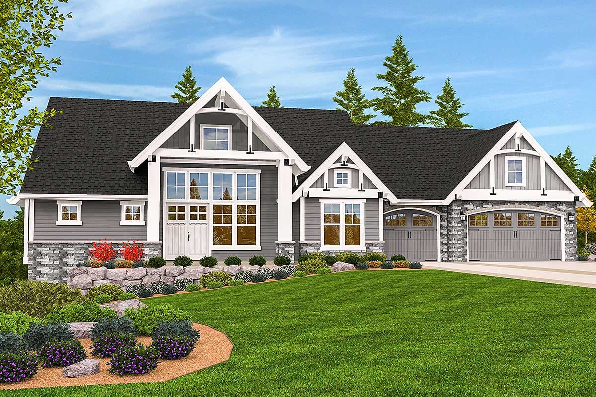 House plan exterior: Modern Farmhouse style, two stories, large front windows, stone accents, and a three-car garage.