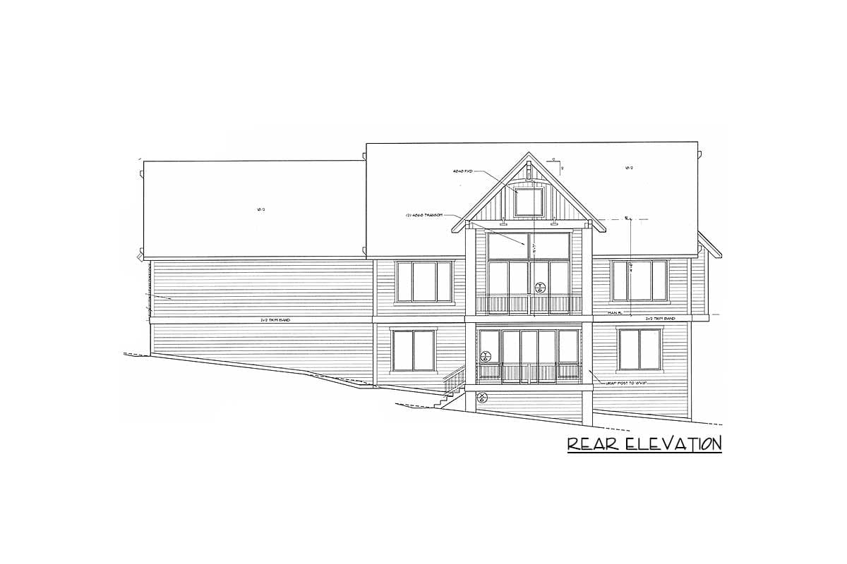 Rear elevation drawing of a two-story house plan with horizontal siding, multiple windows, and a prominent gable with a dormer.