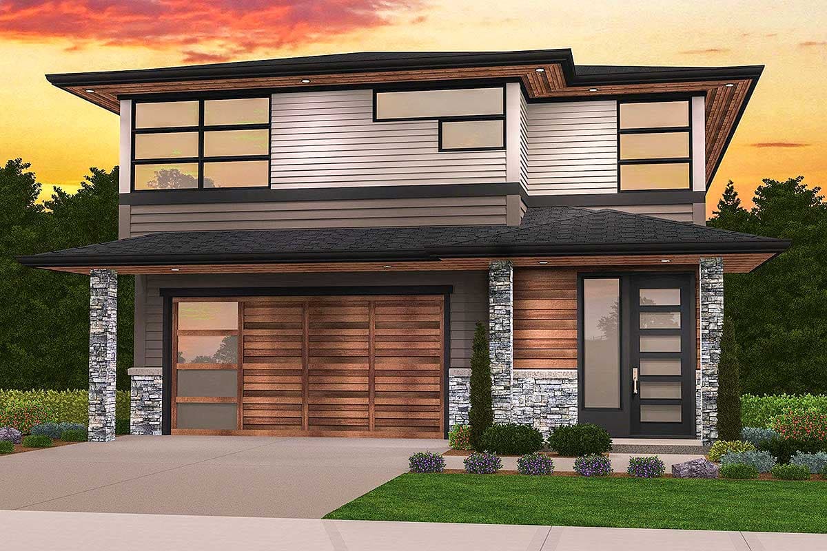 House plan exterior with two stories. Modern style with flat roof, horizontal siding, stone accents on columns, and garage with wood door.